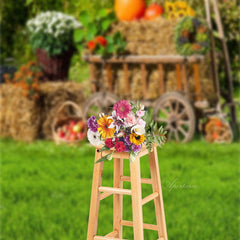 Aperturee - Green Grass Floral Fruit Wooden Cart Spring Backdrop