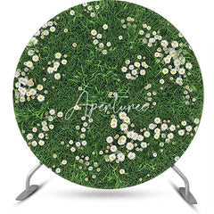 Aperturee - Green Grass White Floral Rustic Round Spring Backdrop