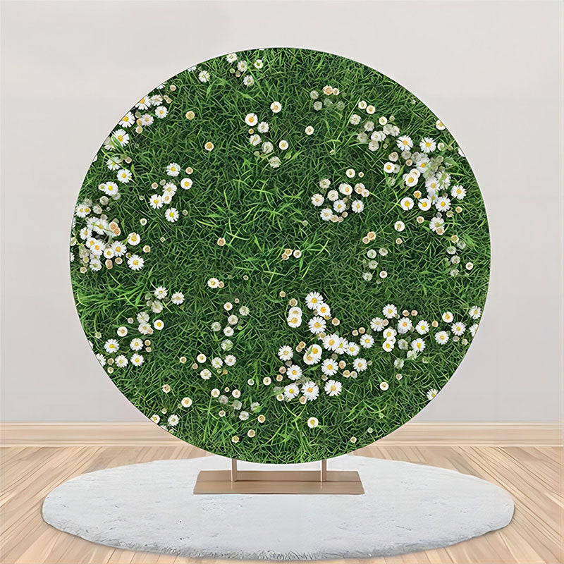 Aperturee - Green Grass White Floral Rustic Round Spring Backdrop