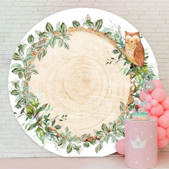 Aperturee - Green Leave And Owl Round Wooden Backdrop For Birthday