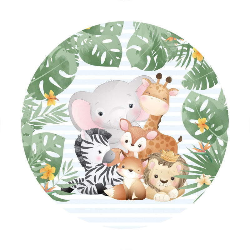 Aperturee - Green Leaves And Animals Round Baby Shower Backdrop