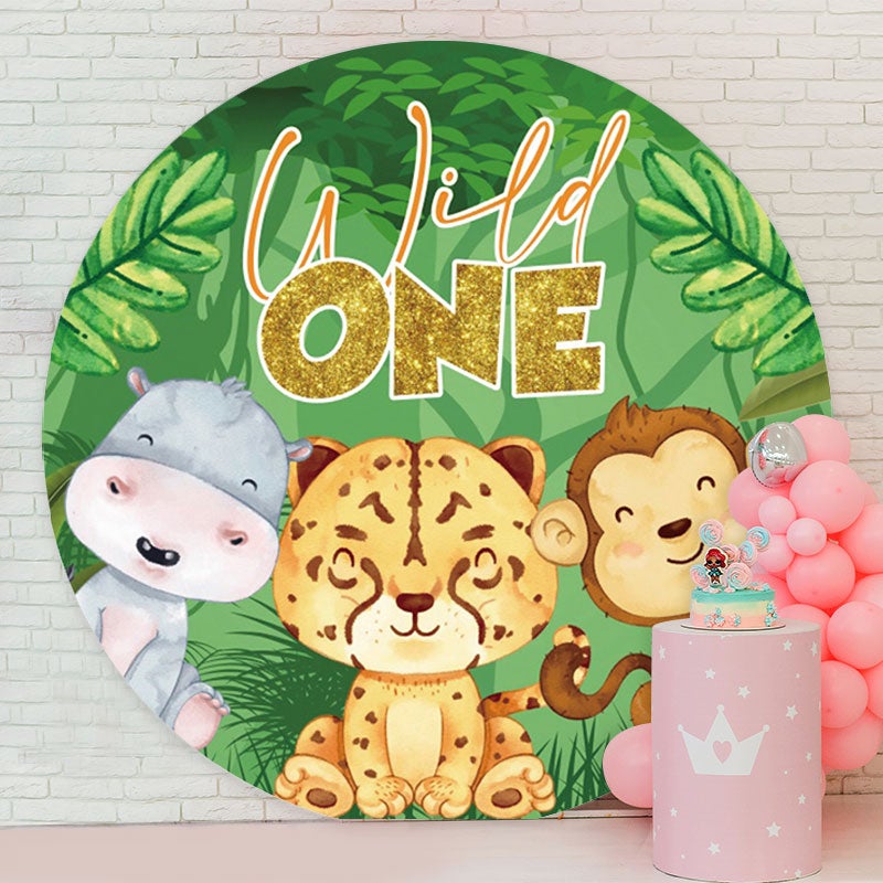Aperturee - Green Leaves And Animals Round Birthday Backdrop