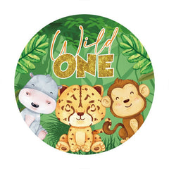 Aperturee - Green Leaves And Animals Round Birthday Backdrop