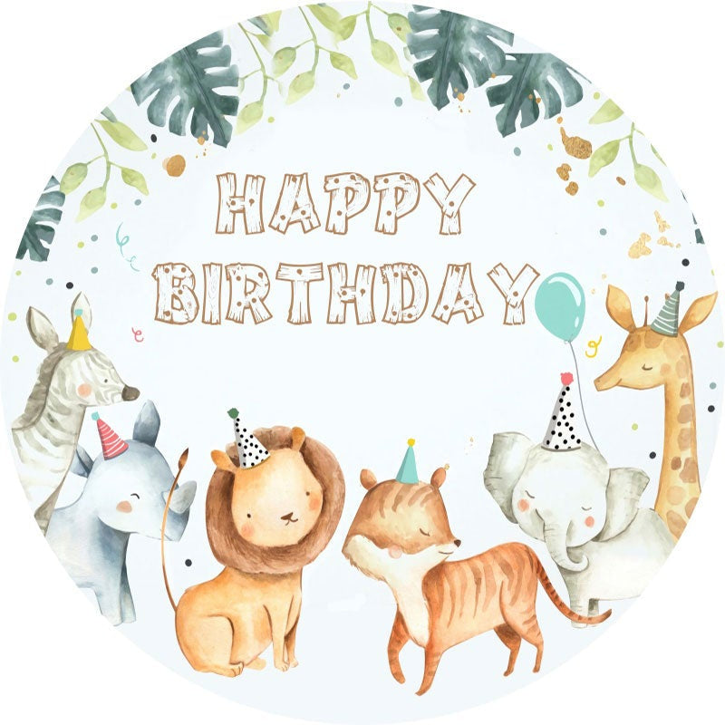 Aperturee - Green Leaves And Animals Round Happy Birthday Backdrop