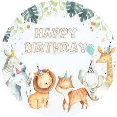 Aperturee - Green Leaves And Animals Round Happy Birthday Backdrop