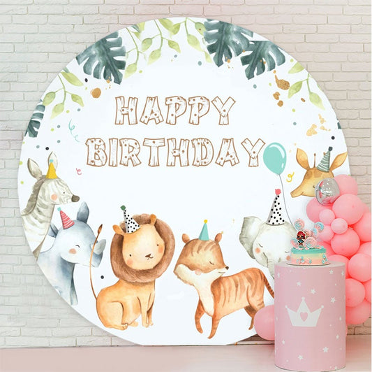 Aperturee - Green Leaves And Animals Round Happy Birthday Backdrop