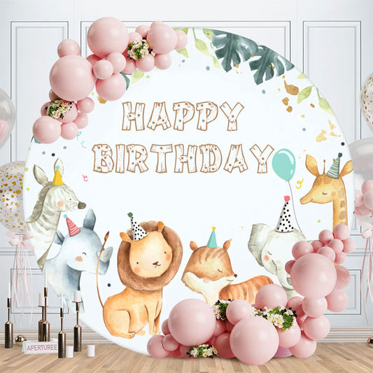 Aperturee - Green Leaves And Animals Round Happy Birthday Backdrop