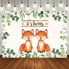 Aperturee - Green Leaves And Foxes Its Twins Baby Shower Backdrop