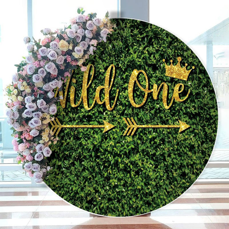 Aperturee - Green Leaves And Gold Wild One Round Birthday Backdrop