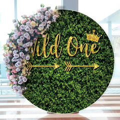 Aperturee - Green Leaves And Gold Wild One Round Birthday Backdrop