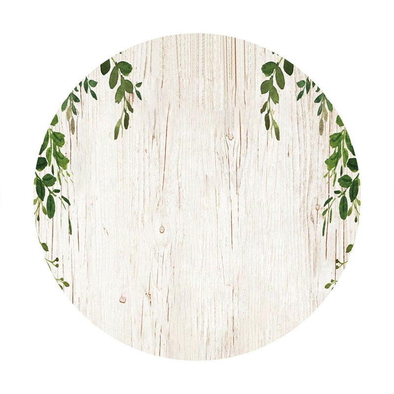 Aperturee - Green Leaves And White Wood Round Birthday Backdrop