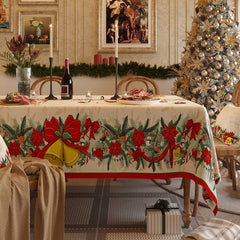 Aperturee Green Leaves Cherry Floral Bell Christmas Tablecloth