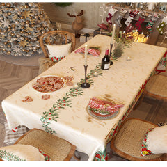 Aperturee Green Leaves Cherry Floral Bell Christmas Tablecloth