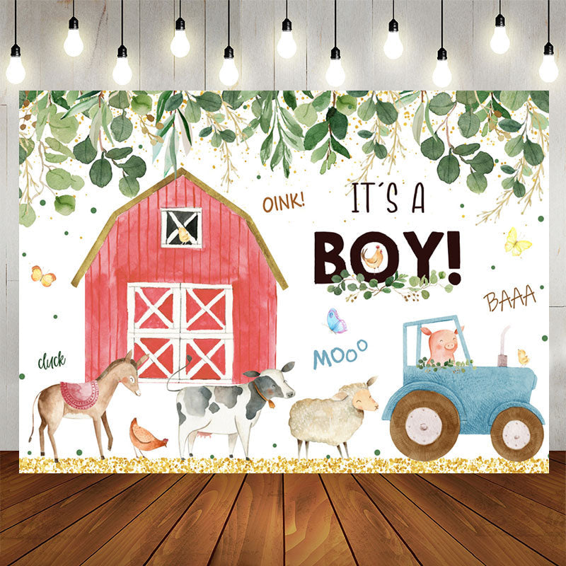 Aperturee - Green Leaves Farm House Animal Baby Shower Backdrop