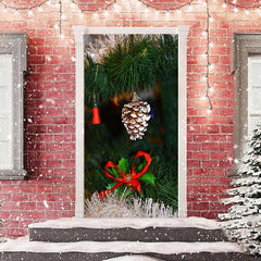 Aperturee - Green Leaves Pinecone Bokeh Christmas Door Cover