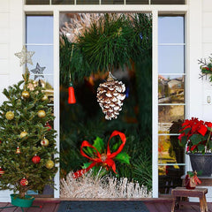 Aperturee - Green Leaves Pinecone Bokeh Christmas Door Cover