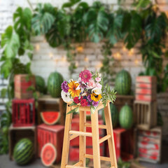 Aperturee - Green Leaves Watermelon Brick Wall Summer Backdrop