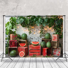 Aperturee - Green Leaves Watermelon Brick Wall Summer Backdrop