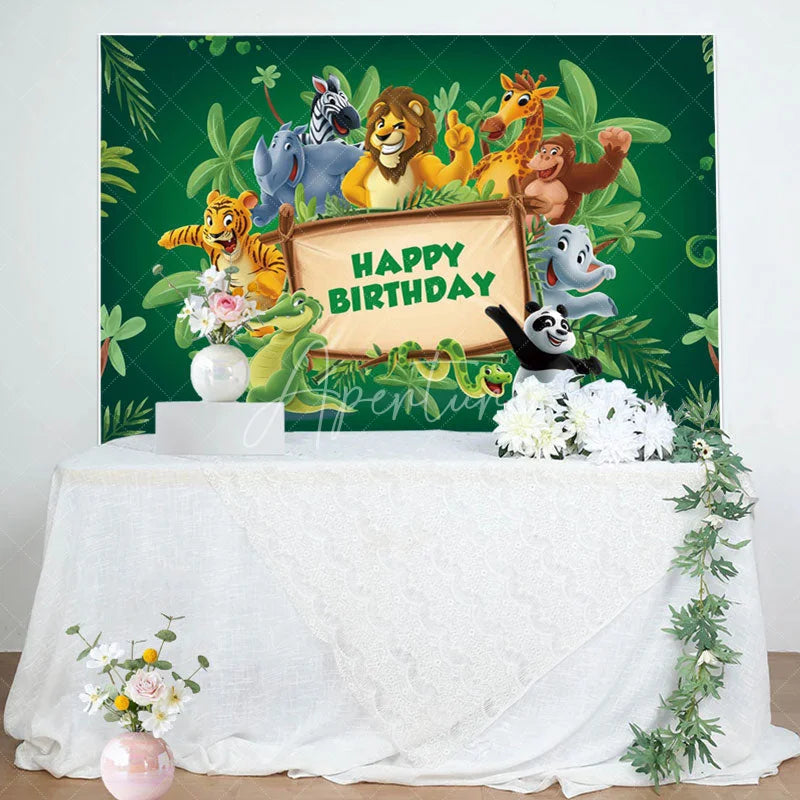 Aperturee - Green Leaves Wood Sign Animals Birthday Backdrop