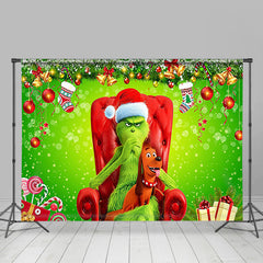 Aperturee - Green Monster Cute Dog Red Sofa Christmas Backdrop