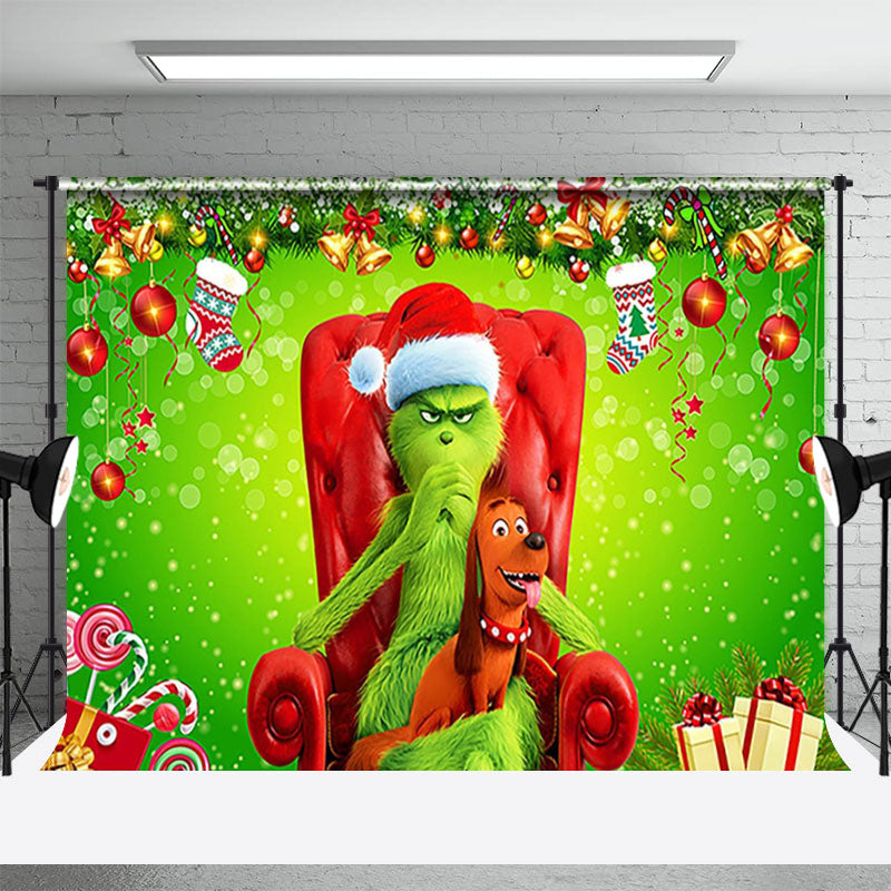 Aperturee - Green Monster Cute Dog Red Sofa Christmas Backdrop