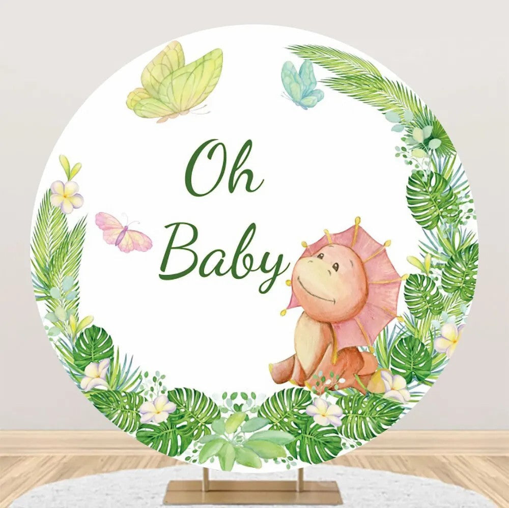 Aperturee - Green Monstera Dinosaur Round Baby Shower Backdrop