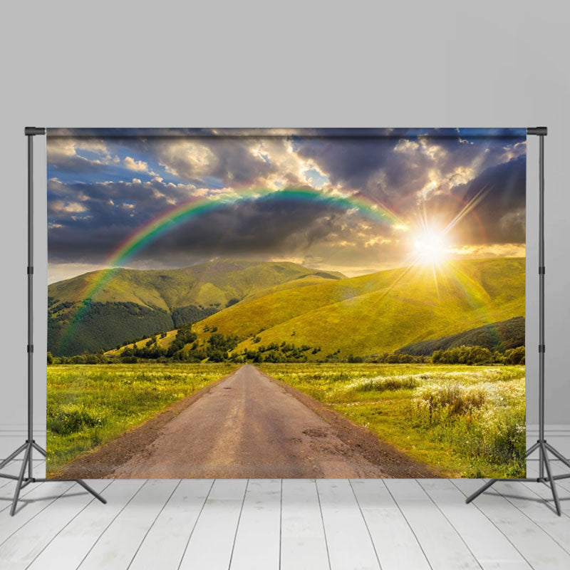 Aperturee - Green Mountains Sun Rainbow Road Spring Backdrop