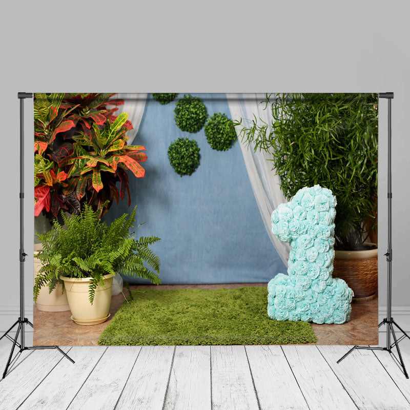 Aperturee - Green Plant Blue 1St Birthday Photography Backdrop