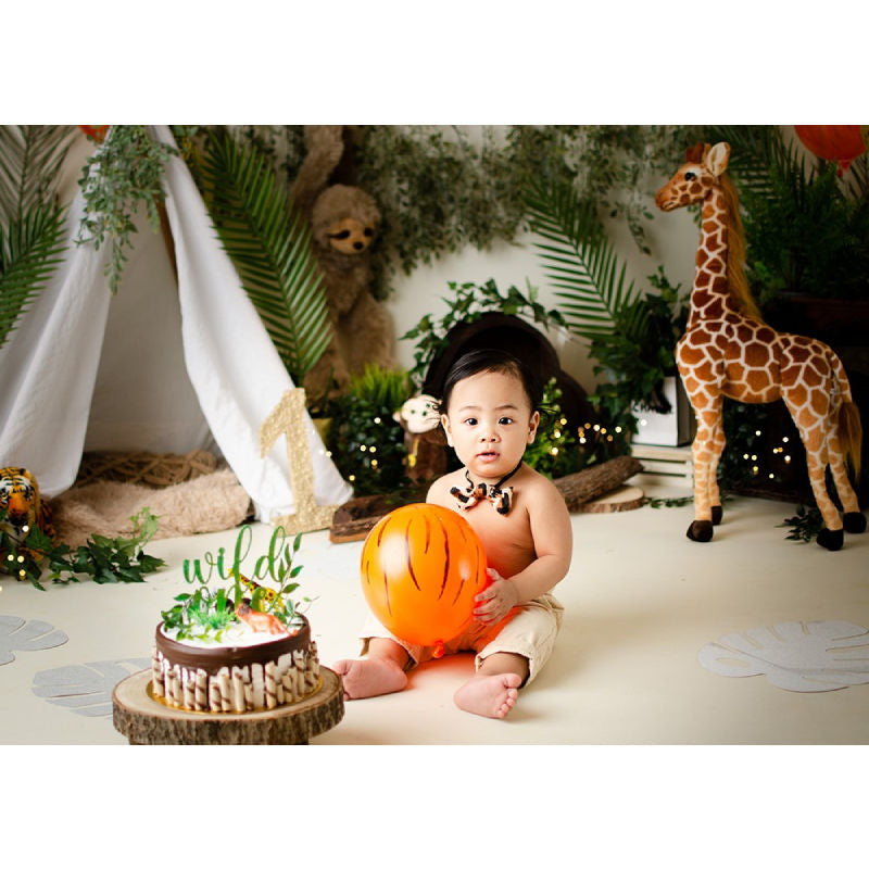 Aperturee - Green Plants Animal Dolls Birthday Cake Smash Backdrop