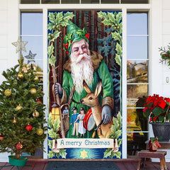 Aperturee - Green Santa Claus Elk Leaves Christmas Door Cover