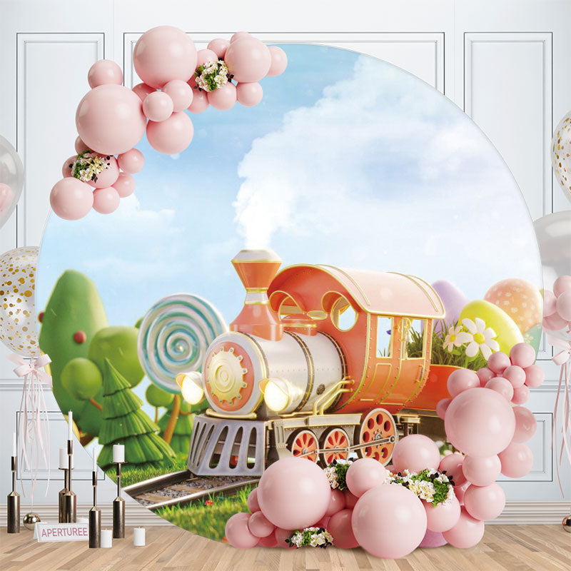 Aperturee - Green Tree And Train Round Birthday Backdrop