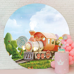 Aperturee - Green Tree And Train Round Birthday Backdrop