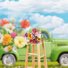 Aperturee - Green Truck Full Of Flowers Blue Sky Spring Backdrop