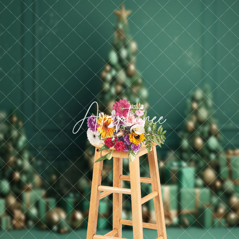 Aperturee - Green Wall Gift Trees Bells Snowy Christmas Backdrop