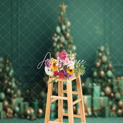Aperturee - Green Wall Gift Trees Bells Snowy Christmas Backdrop
