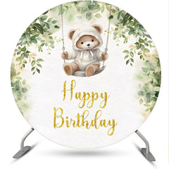 Aperturee - Greenery Teddy Bear Swing Round Birthday Backdrop