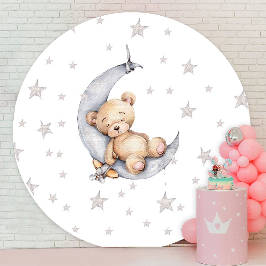 Aperturee - Grey Bear And Moon Star Round Baby Shower Backdrop