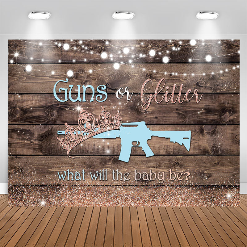 Aperturee - Guns Or Glitter Wood Gender Reveal Baby Shower Backdrop