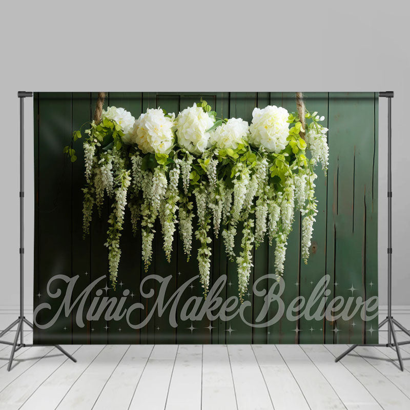 Aperturee - Hanging White Flower Green Wood Wall Spring Backdrop