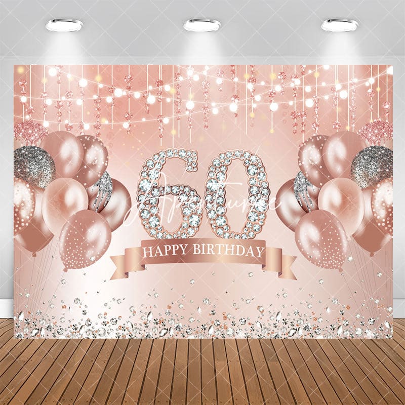 Aperturee - Happy 60th Birthday Pink Balloon Diamonds Giltter Backdrop