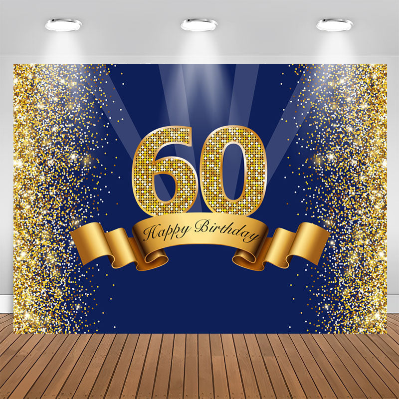 Aperturee - Happy 60th Birthday Royal Blue Gold Glitter Backdrop for Photos