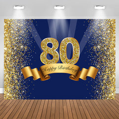 Aperturee - Happy 80th Birthday Gold Glitter Royal Blue Backdrop for Party