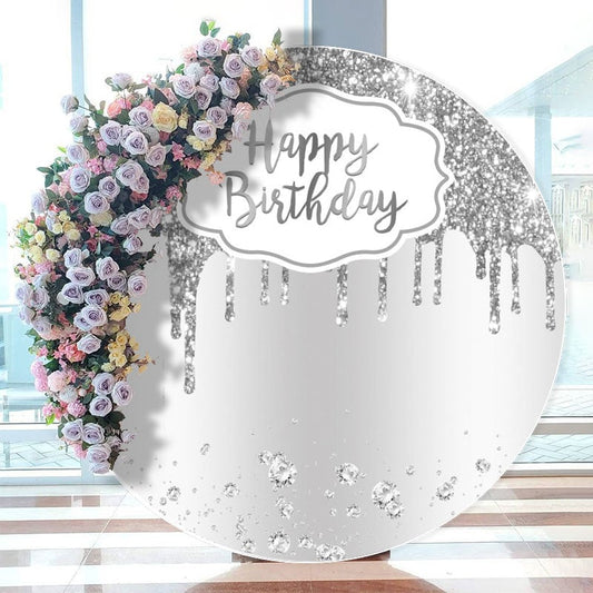 Aperturee - Happy Birthday Silver Glitter Diamond Round Backdrop for Party