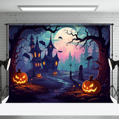 Aperturee - Haunted House Pumpkin Lantern Halloween Backdrop