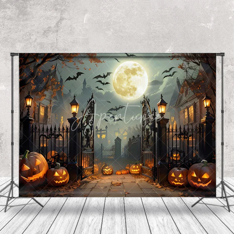 Aperturee - Haunted House Pumpkins Moon Halloween Backdrop