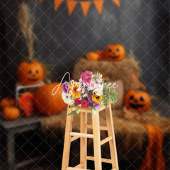 Aperturee - Hay Orange Pumpkins Wooden Floor Halloween Backdrop