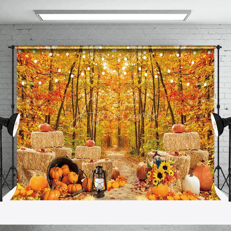 Aperturee - Haystack Pumpkin Autumn Woods Photography Backdrop