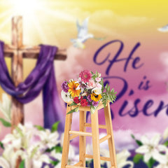 Aperturee - He Is Risen Cross Purple Cloth Lily Easter Backdrop