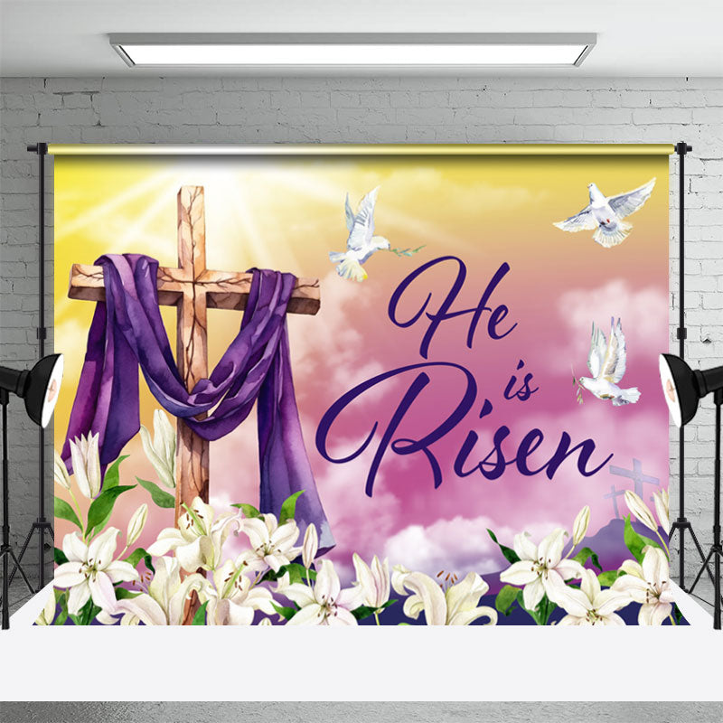 Aperturee - He Is Risen Cross Purple Cloth Lily Easter Backdrop