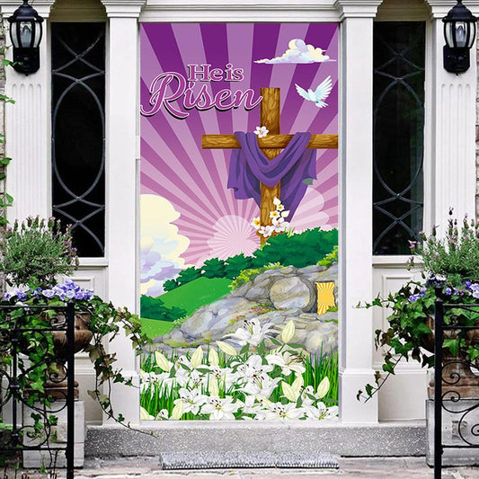 Aperturee - He Is Risen Lily Purple Sky Cross Easter Door Cover